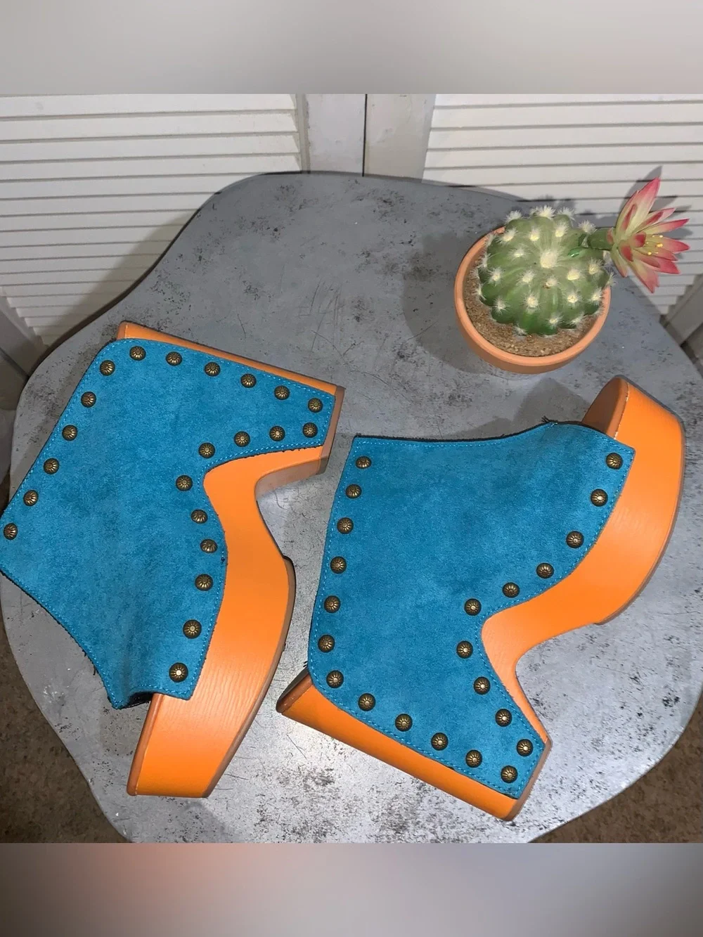 Tinstree Turquoise Vegan Suede Platform Mules Studded Heeled Clogs